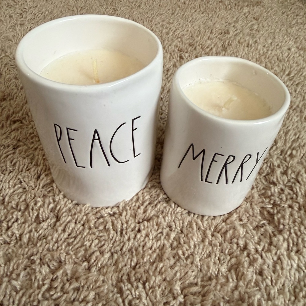 NEW Rae Dunn Candles Set Of 2 _ Peace And Merry White Ceramic Holiday Decor - Picture 4 of 4